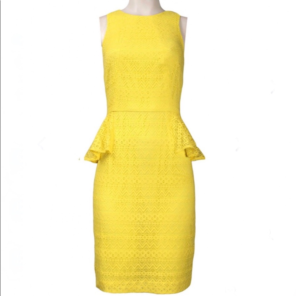 Donna Morgan yellow lace peplum sleeveless dress
